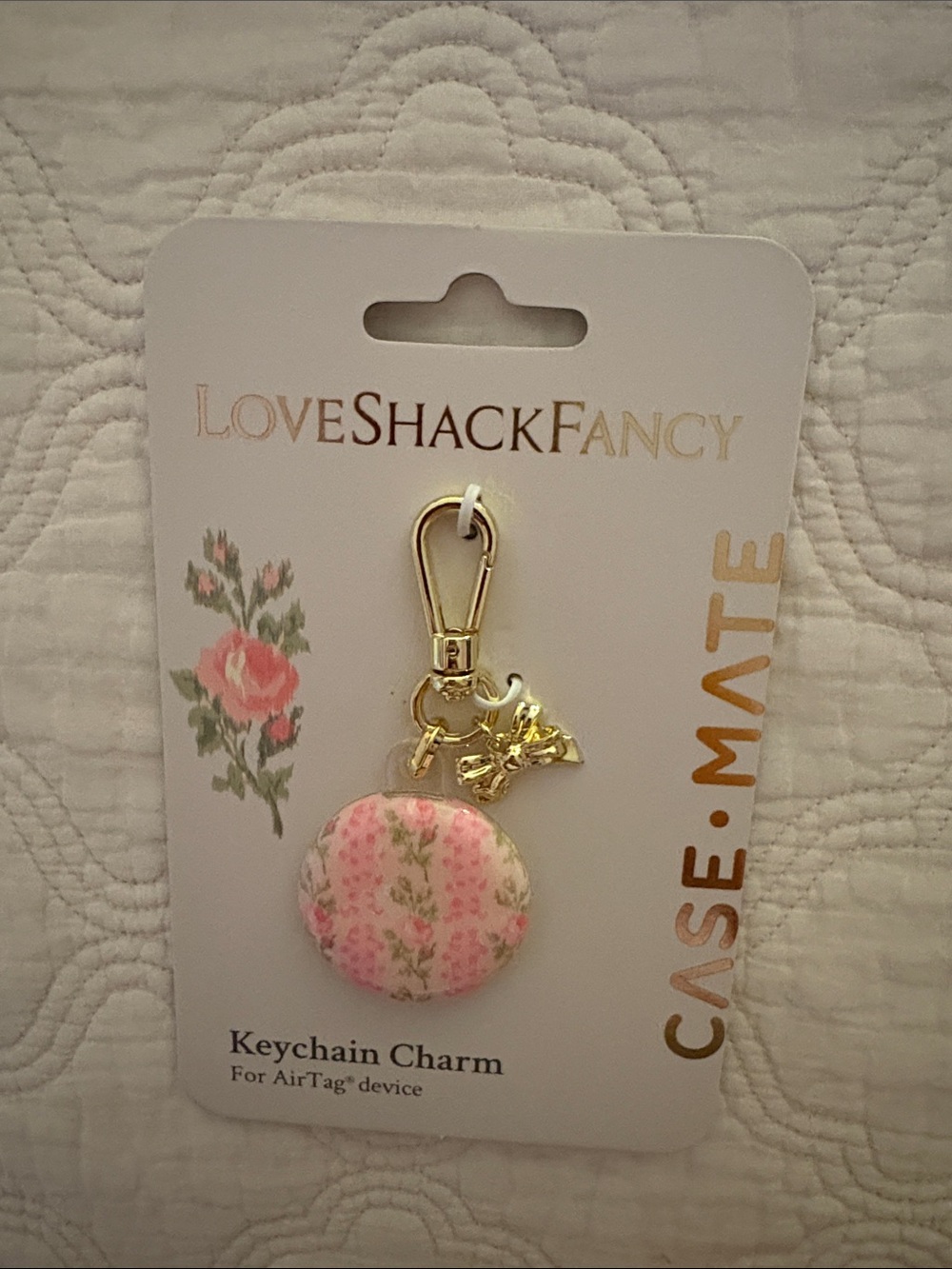 LoveShackFancy Pink Floral Keychain Charm with Gold Hardware